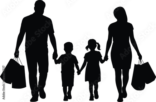 Family silhouette walking with shopping bags happy togetherness