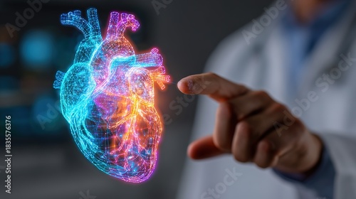 Digital Heart: A healthcare professional interacts with a glowing, holographic representation of a human heart, offering a glimpse into the future of medical science. 