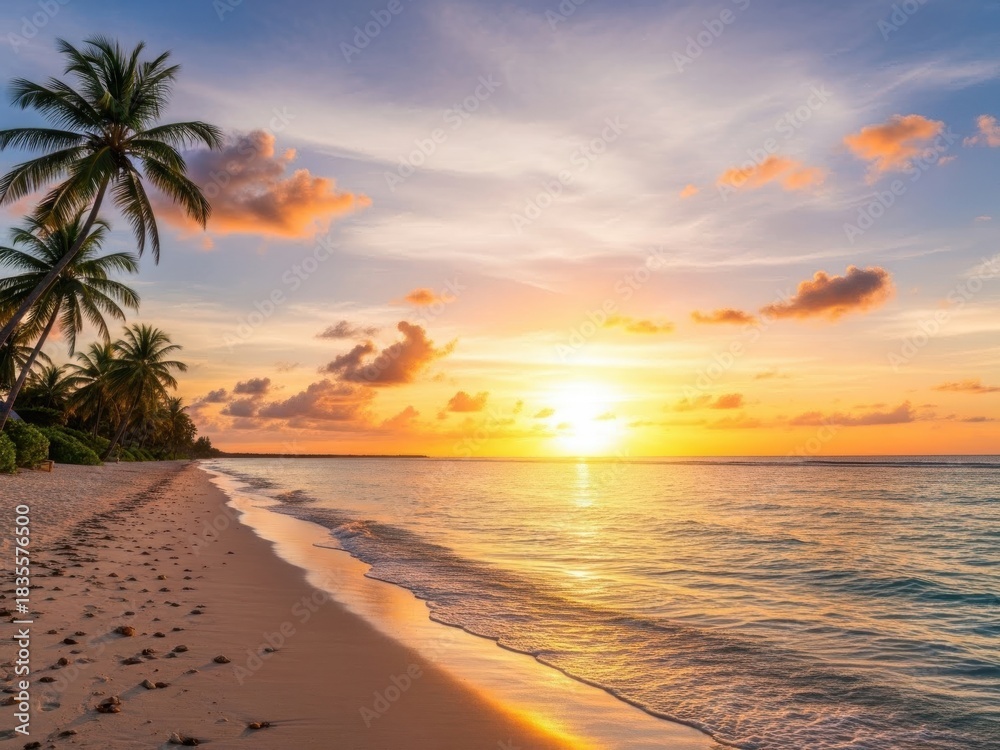 Obraz premium Tropical beach sunset with palm trees isolated on white background