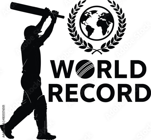 Cricket world record celebration illustration—vector of batsman silhouette with globe, laurel, and stylized achievement text