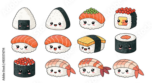 Cute collection of assorted kawaii sushi and rolls with smiling faces, including salmon nigiri, tamago, onigiri, and shrimp.