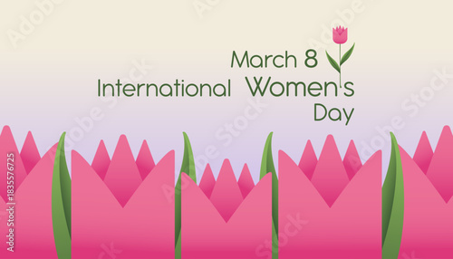 International Women's Day march 8 card, poster, frame banner, template layout typography design for advertising, web, social media. Abstract pink tulips flowers spring background