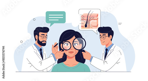 Dermatologists examining a woman's face with a magnifying glass to diagnose skin conditions, showing a diagram of skin layers.