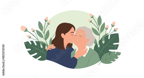 Young woman tenderly kissing her elderly mother or grandmother on the cheek, framed by green leaves and pink flowers.