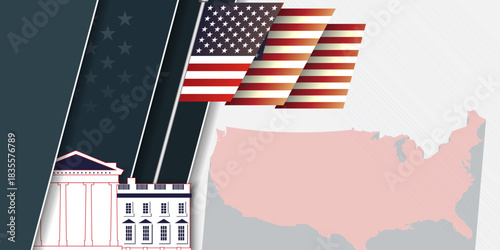 American flag USA map, white house patriotic  banner, background, web, greeting card, poster, holiday cover, label, flyer, layout. Patriotic Social media print for presentation, information