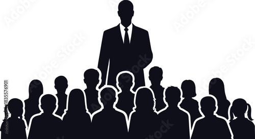 Silhouette of a confident leader standing tall above a diverse group of people symbolizing teamwork business success and unity isolated on white background