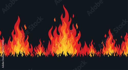 Seamless banner of realistic and vibrant fire flames on a dark background, suitable for concepts of heat, danger, or energy.