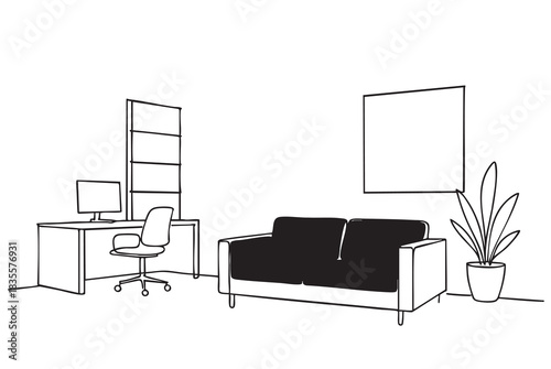 line sketch living room interior with black panel and black sofa