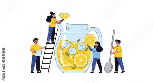 Team of tiny people working together to make a large pitcher of fresh lemonade with lemons, ice cubes, and mint leaves.