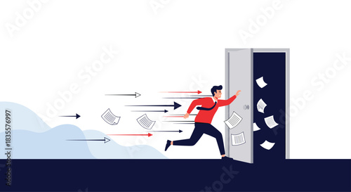 Businessman running away from work and escaping through a door, leaving a trail of papers behind, symbolizing quitting a job.