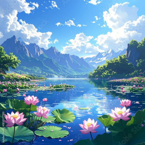 Serene mountain lake landscape with pink lotus flowers