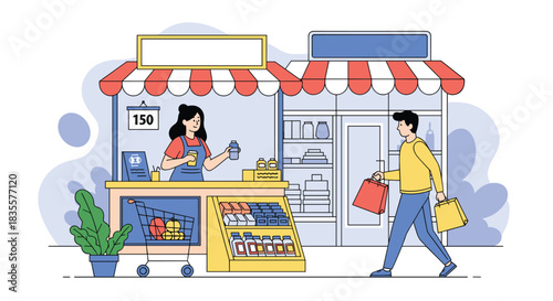 Man shopping at an outdoor local market stall, with a female vendor serving him while he walks by with shopping bags.