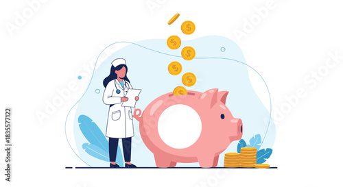 Concept of saving for healthcare, with a female nurse standing next to a large piggy bank as gold coins fall into it.