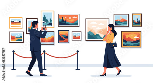 People visiting an art gallery, with a woman admiring landscape paintings on the wall and a man taking a photo with his phone.