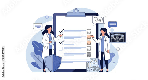 Dental insurance concept with two female dentists presenting a policy checklist, an x-ray, and a tooth color shade guide.