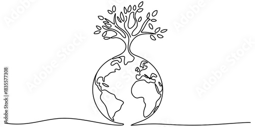 Continuous line drawing of a tree growing from the earth globe, symbolizing environmental protection, sustainable growth, and global ecology. Vector, illustration