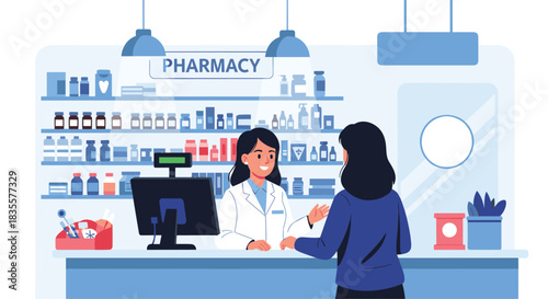 Friendly female pharmacist standing behind the counter in a well-stocked pharmacy, talking to a customer about her medication.