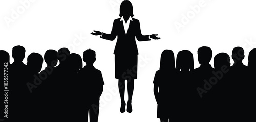Silhouette of a confident businesswoman in a suit presenting to a diverse audience of people during a conference or meeting conveying leadership and communication isolated on white background