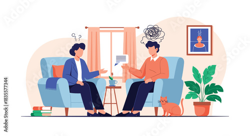 Man with tangled thoughts discussing his mental health problems with a female psychotherapist during a private consultation.