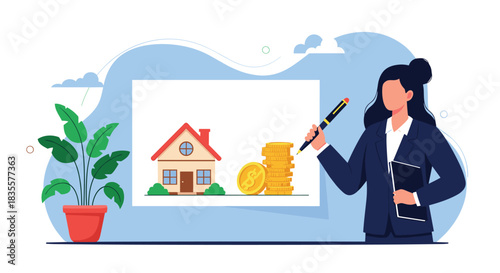 Real estate agent pointing to an image of a house and a stack of bitcoin, representing property investment with cryptocurrency.