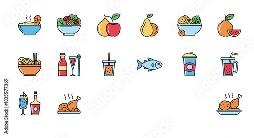 Colorful collection of pixel art food and beverage icons, including healthy meals, fast food, fruits, and various drinks.