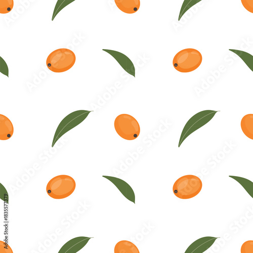 Sea buckthorn berry seamless pattern, botanical print. Buckthorn berry repeat pattern, natural ingredient background. Orange berry pattern, botanical tile design