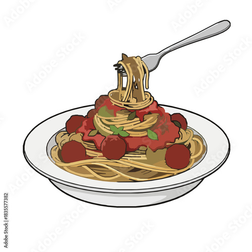 Vector Art of Spaghetti and Meatballs on a Plate with Fork Lifted Up
