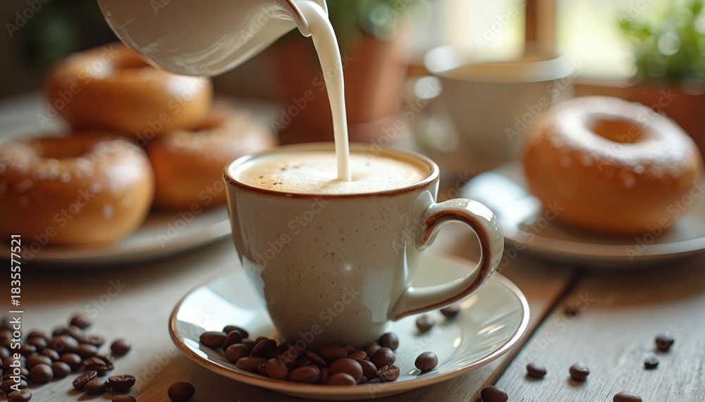 Naklejka premium Milk being poured into coffee latte on table with bagels and coffee beans. Breakfast scene captures inviting morning atmosphere. Cozy vibes of fresh start at home are here.