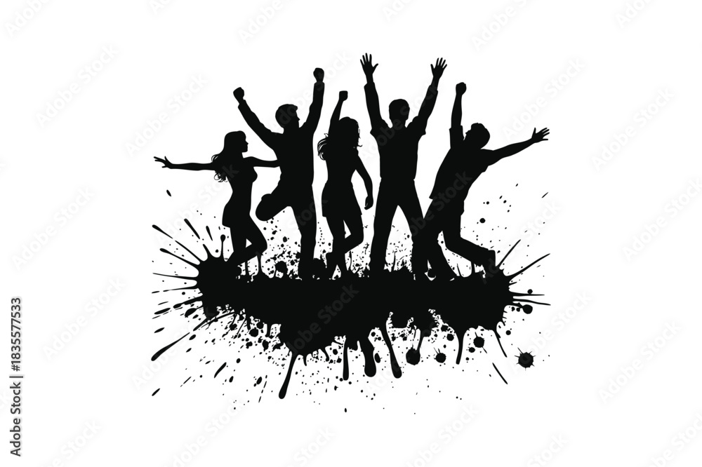 Obraz premium Silhouette of Joyful People Jumping, Celebration, Dance, Party Mood, Happy Crowd, Expressive Movement, Black Ink Splash.