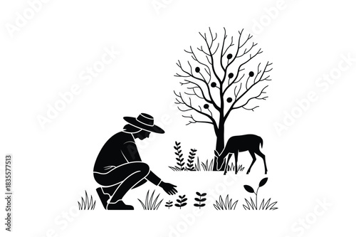 Silhouette of Farmer Planting, Nature Connection, Environmental Care, Tree Planting, Wildlife, Garden Growth, Eco-Friendly Living.