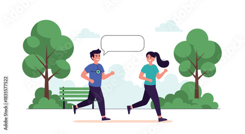 Young couple enjoying a healthy lifestyle by jogging together in a beautiful city park on a sunny day in the morning.