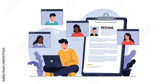 HR manager conducting online interviews and reviewing a candidate's resume on a clipboard for a remote job position online.