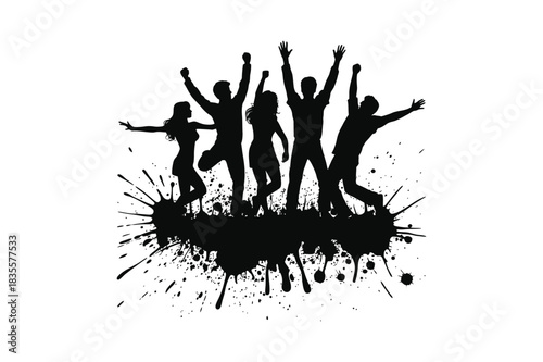 Silhouette of Joyful People Jumping, Celebration, Dance, Party Mood, Happy Crowd, Expressive Movement, Black Ink Splash.