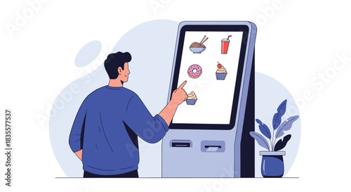Young man using a self-service touchscreen kiosk to order fast food at a modern restaurant, selecting items from the menu.