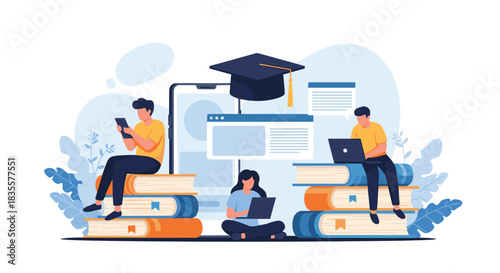 Group of students engaged in e-learning, using laptops and tablets while sitting on stacks of books for online education.