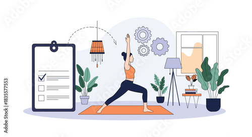 Woman practicing the warrior yoga pose at home as part of her daily fitness routine, with a to-do list on a clipboard.