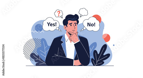 Pensive businessman contemplating a difficult choice, weighing the options between a yes or no answer to a complex problem.