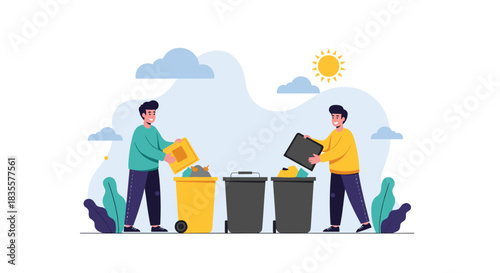 Two men sorting waste and putting different types of trash into separate containers for recycling to protect the environment.
