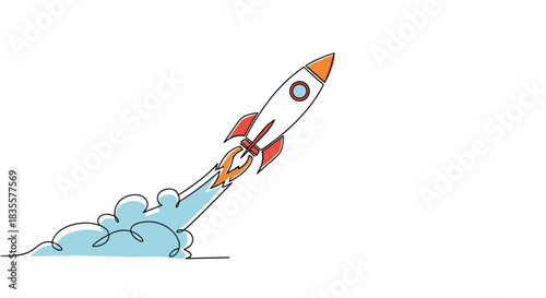 Continuous one-line drawing of a rocket launching into the sky, symbolizing a successful startup, innovation, and progress.