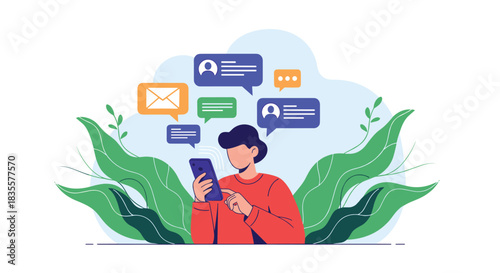 Young man using a smartphone to chat and send messages, surrounded by notification bubbles from various social media apps.