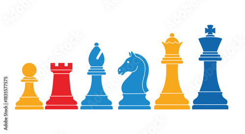 Colorful set of chess pieces including the king, queen, rook, bishop, knight, and pawn arranged in a row for a game.