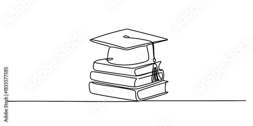 Continuous one line art drawing of a graduation cap on a stack of books, symbolizing education, knowledge, and academic achievement. Vector, illustration