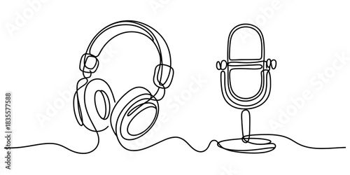 One continuous line drawing of headphones and vintage microphone, ideal for podcasting, music production, audio, and sound engineering. Vector, illustration