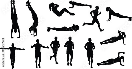 Female Fitness and Plank Exercise Silhouettes Set, Women Performing Standard Plank, Side Plank, and Push-up Variations for Core Strength, Training, and Workout Vector Design Isolated.