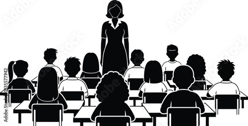 Teacher standing before silhouetted students in a classroom learning environment with desks and chairs education concept isolated on white background
