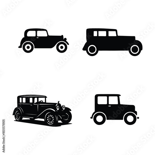 Collection of Four Vintage Car Silhouettes on White Background antique car classic car