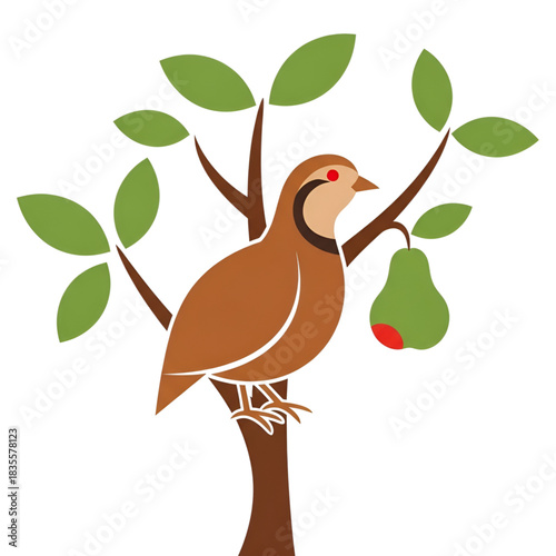 A partridge perched in a pear tree with green leaves and a brown trunk in vector art style on transparent background