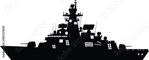 Modern naval warship silhouette—vector of destroyer or cruiser with radar, missile launchers, and angular superstructure