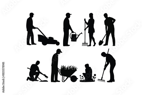Gardening Workers Silhouettes Set, Outdoor Landscaping Activities, Gardening Tools, Planting, Digging, Wheelbarrow, Garden Maintenance.