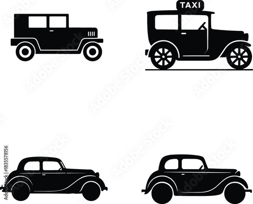 Four black silhouettes of vintage taxi and classic cars on white Keywords: car, automobile, vehicle, transport